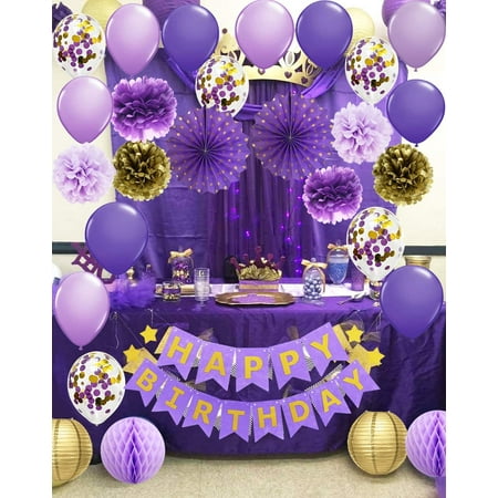 Purple Gold Birthday Decorations For Women Happy Banner Confetti Balloons Polka Dot Paper Fans Foil Fringe Curtains Photo Backdrop Canada - Purple And Gold Decoration Ideas