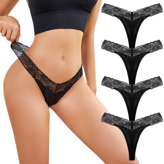 Gibobby Bragas Regalo de Navidad 4 piezas Paquete de Tanga para dama Calzoncillos Bragas de encaje sexy Ropa interior Bragas Bikini Sólido Calzoncillos para mujer(Negro,G)