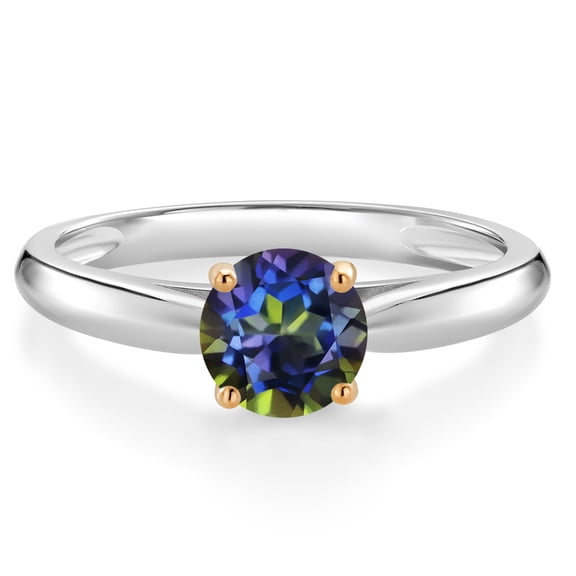 Gem Stone King 1.00 Ct Round Blue Mystic Topaz 10K White and Yellow Gold Solitaire Engagement Ring (Size 9)