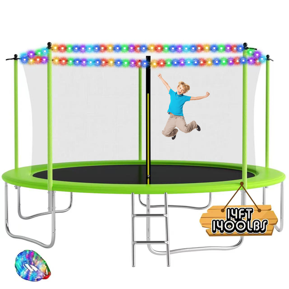 Ovatoys 1400LBS 14FT Trampoline for Adults and Kids,Trampoline with Enclosure,Light,Recreational Trampoline with Ladder, Heavy Duty Trampoline Capacity for 6-7 Kids