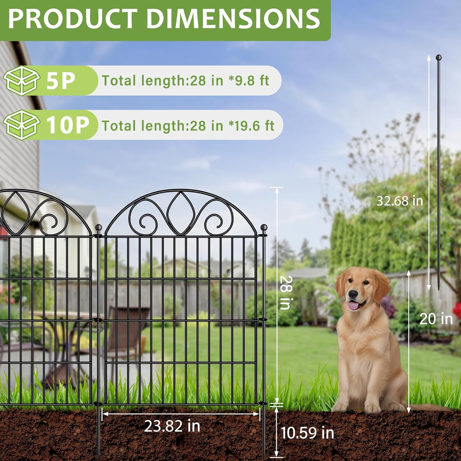No-Dig Tall Garden Fence – Rustproof Metal Dog Fence, Decorative Yard & Garden Animal Barrier, Easy Install Outdoor Pet & Flower Bed Border, Temporary Fence