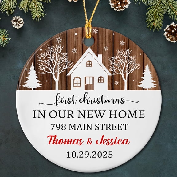First Christmas in Our New Home Ceramic Ornament 2025 Christmas, Personalized Wooden Style Ornaments 1st Xmas in New Home, Custom Names & Address Xmas Tree Ceramic Hanging Keepsakes Gifts for Married