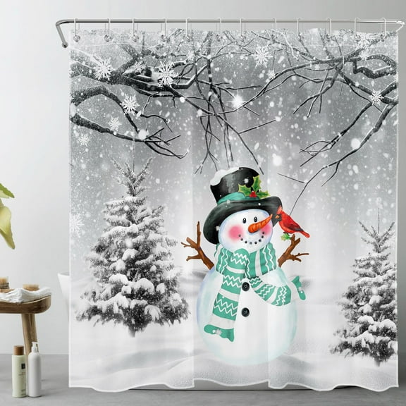 Winter Christmas Snowman Shower Curtain for Bathroom Green Snowman and Pine Tree Forest Bird Bathroom Shower Curtain Grey White Shower Curtain Bath Accessories Home Decor with 12 Hooks 72x78 Inches