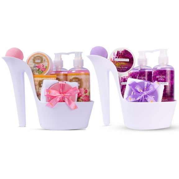 Set of 2 Draizee 16 Pcs Luxury Heel Shoe Spa Baskets - Rose, Lavender Scented Spa Gift Basket for Women Spa #1 Mother's Day Gift Set with Shower Gel, Bubble Bath, Body Butter & Lotion and More