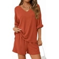 thumbnail image 3 of Zynoxe Womens 2 Piece Outfits Fashion V Neck Short Sleeve Top Elastic Waist Shorts Set Lightweight Breathable Summer Sets Versatile Casual Loose Solid Color Casual Loungewear with Pockets 2XL, 3 of 9