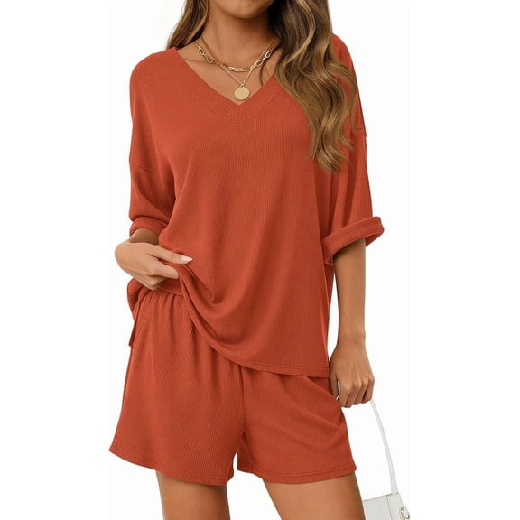Costeam Womens V Neck Half Sleeve Two Piece Matching Set Loose Fit Top and Casual Shorts Lightweight Airy Fabric Side Pockets Elastic Waist Relaxed Daily Loungewear Outfit