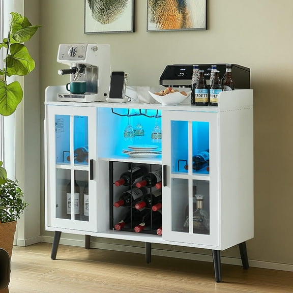 Resenkos Sideboard Buffet Cabinet,Kitchen Storage Cabinet,Coffee Bar Cabinet with LED light and Power Outlet, Wine Cabinets with Glass Holder, White