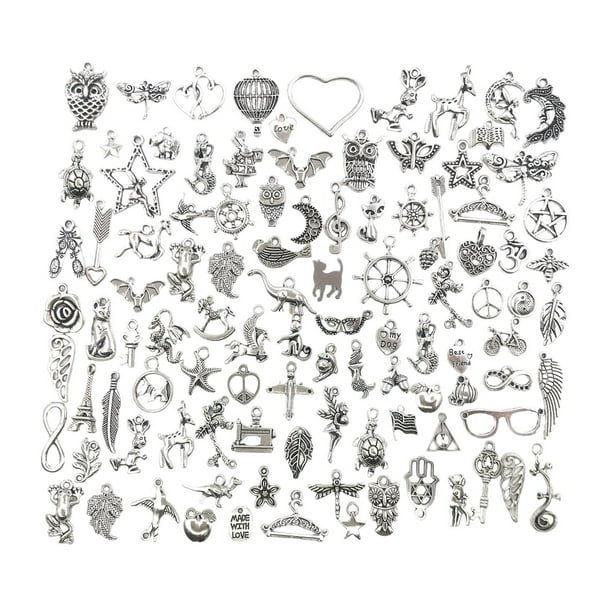 200 piezas de colgantes con dijes variados, pequeños colgantes con orificio para decoración de joyería. Plata