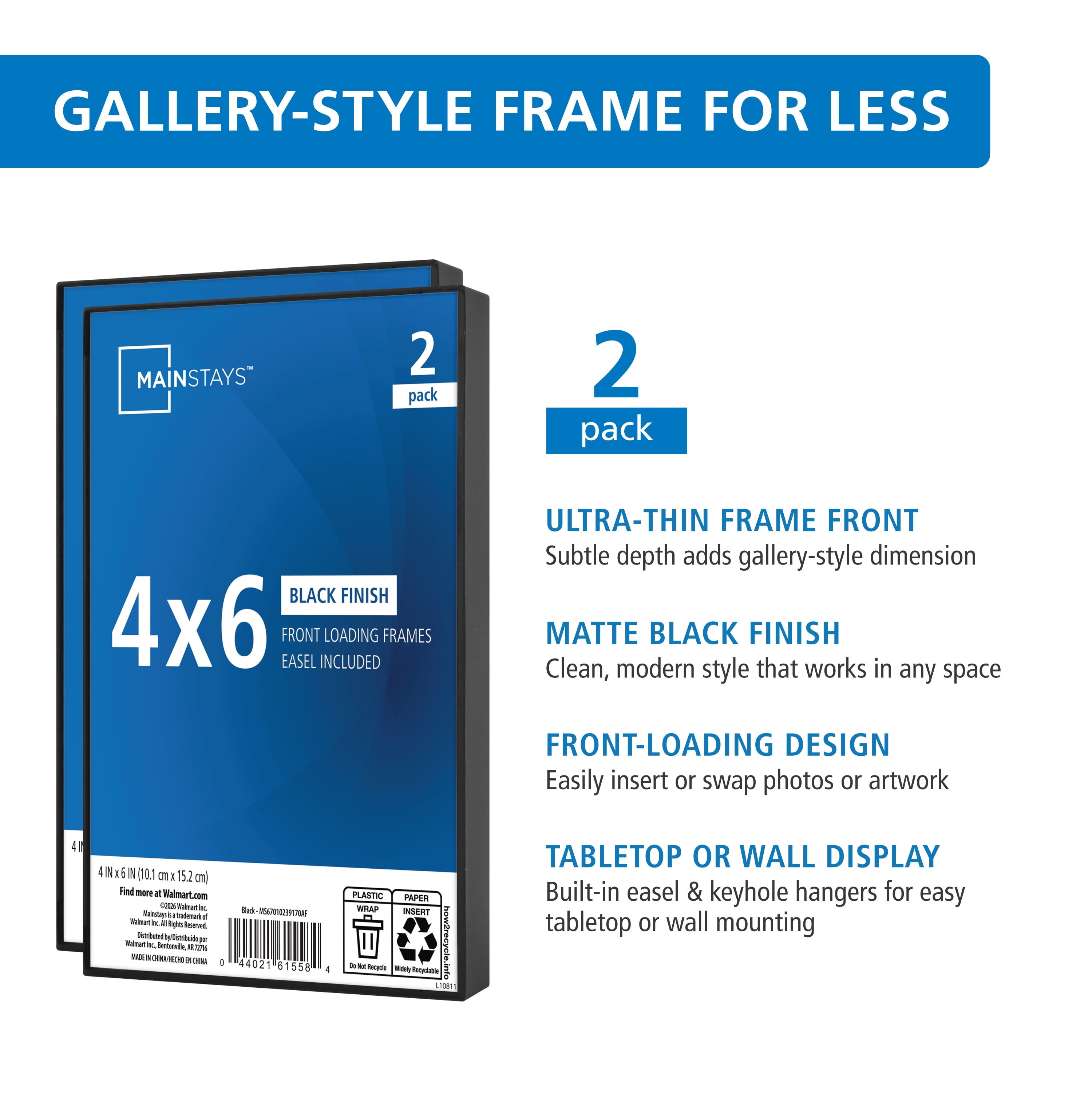 Mainstays 4x6 Picture Frame Black Front Loading Wall or Tabletop Photo Frame, Set of 2