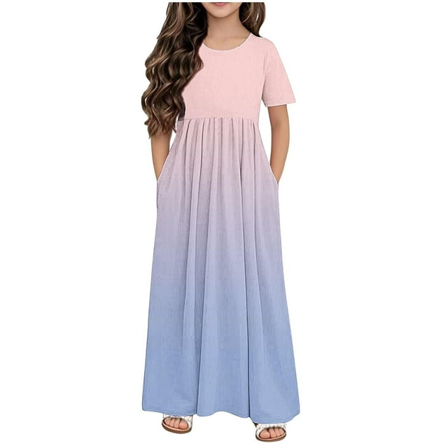 Robe avec Poches pour Filles - Dégradé à Manches Courtes, Col Rond, Jupe Longue Décontractée pour Adultes