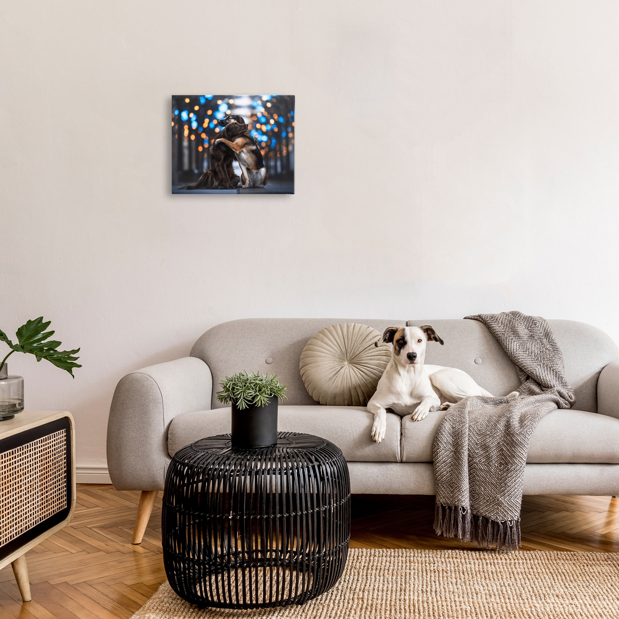Stupell Industries Hugging Dogs with Bokeh Animals & Insects Painting Gallery Wrapped Canvas Art Print Wall Art, 20 x 16
