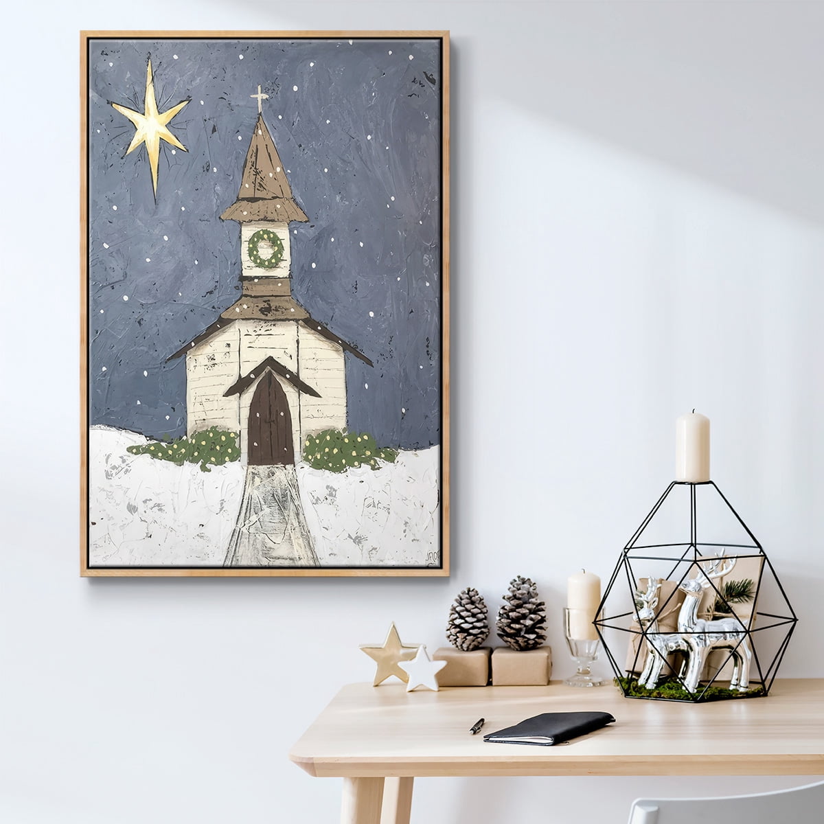 A Silent Night III - Framed Gallery Wrapped Holiday Canvas - 27 x 41 - Natural Wood Frame