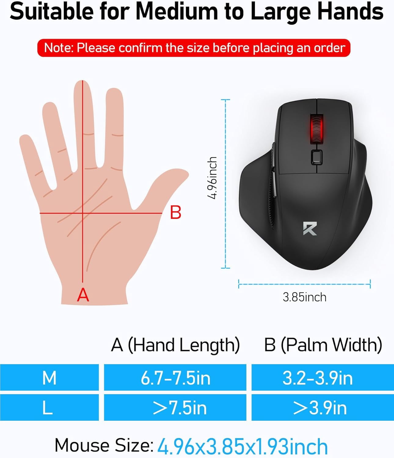 Big Wireless Mouse for Medium to Large Hands, 2.4GHz Ergonomic Computer Mouse, 6 Buttons, 4000 DPI, Full Sized USB Optical Mouse for Laptop, PC, Chromebook