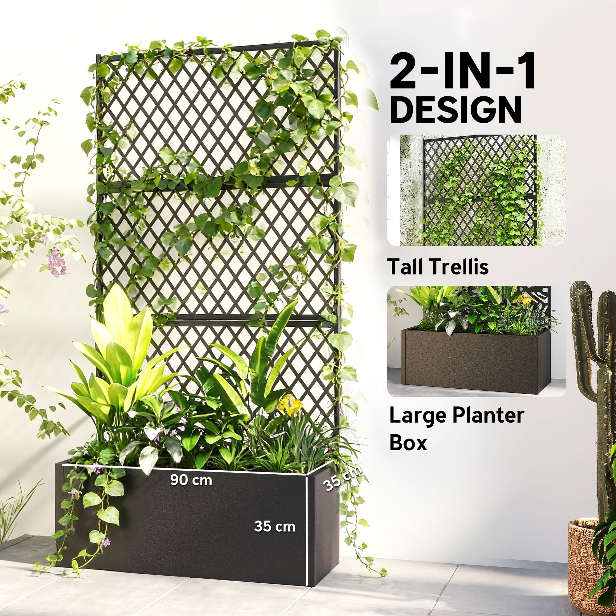 Outsunny Metal Planter Box with Trellis, Raised Garden Bed with Trellis Privacy Screen for Climbing Plants, Diamond Lattice Privacy Planter
