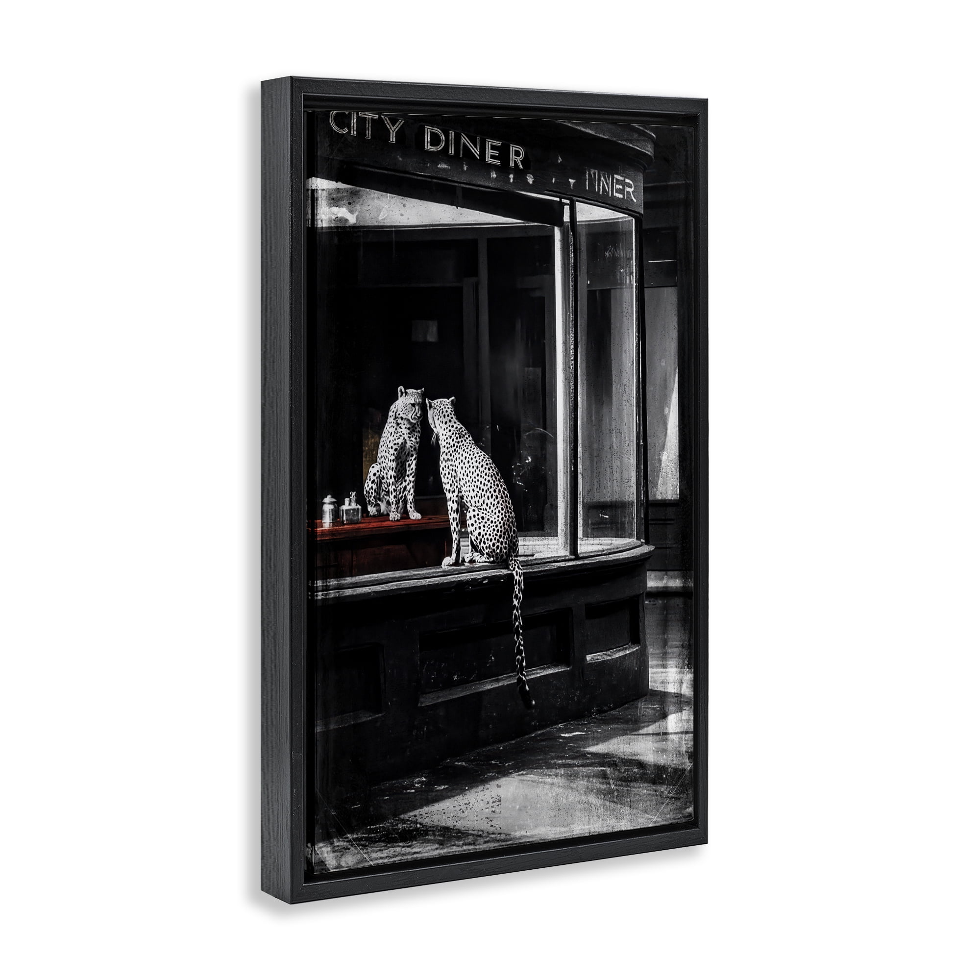 Stupell Industries Diner Noir Leopard Reflection Black Framed Floater Canvas Wall Art, design by Annabelle Hall