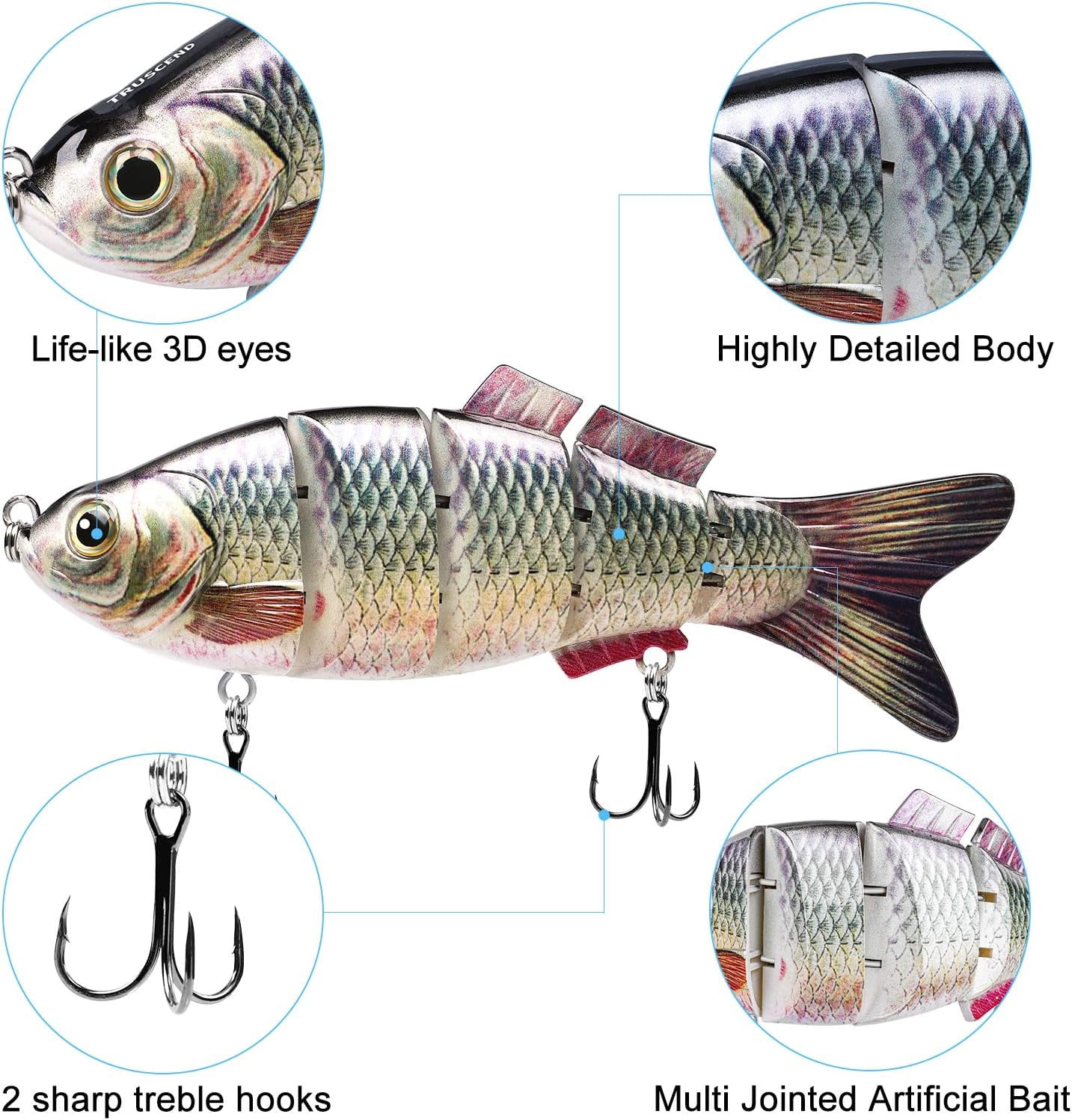 TRUSCEND Easy Catch SwimMax with BKK Hooks, Magic Noisy Wiggling and Vibrating Actions for More Bites, Lifelike Fishing Lures for Bass Trout Walleye Crappie, Strongest Dyneema Fiber Jointed Swimbait