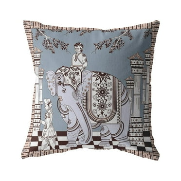 Palace Elephant Indoor/Outdoor Fabric Pillow with Zip -Light Blue Brown 16x16