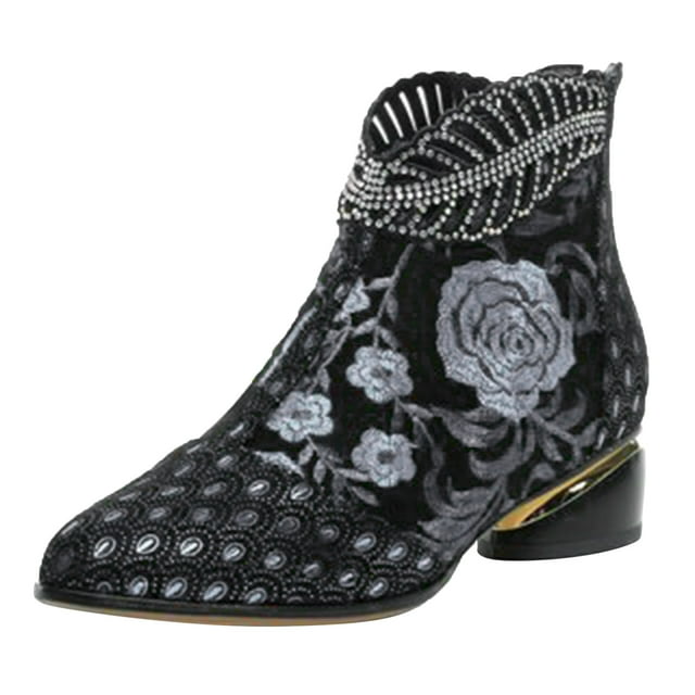 Bottines pour Femmes à Talon Haut Bout Pointu Broderie Fermeture Éclair Bottines Courtes pour Femmes à la Mode