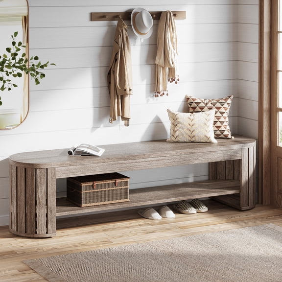 63" Wooden Entryway Bench with Shoe Storage, Long 2-Tier Narrow Shoe Bench with Arc Vertical Slat Legs, Bed End Seating for Bedroom, Entryway, or Living Room