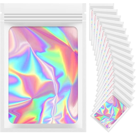 AUR 100 Pieces Resealable Mylar Bags, 4x6 Mylar Bags with Window, Small Holographic Packaging Bags for Food Storage/Jewelry/Eyelash for Small Business (White, 4.1x5.9 Inch)