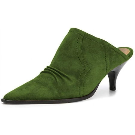 YDN Women Sexy Kitten Low Heel Mules Pumps Pointed Closed Toe Loafers Backless Slip On Sandals Suede Comfort Shoes Size 6 Olive