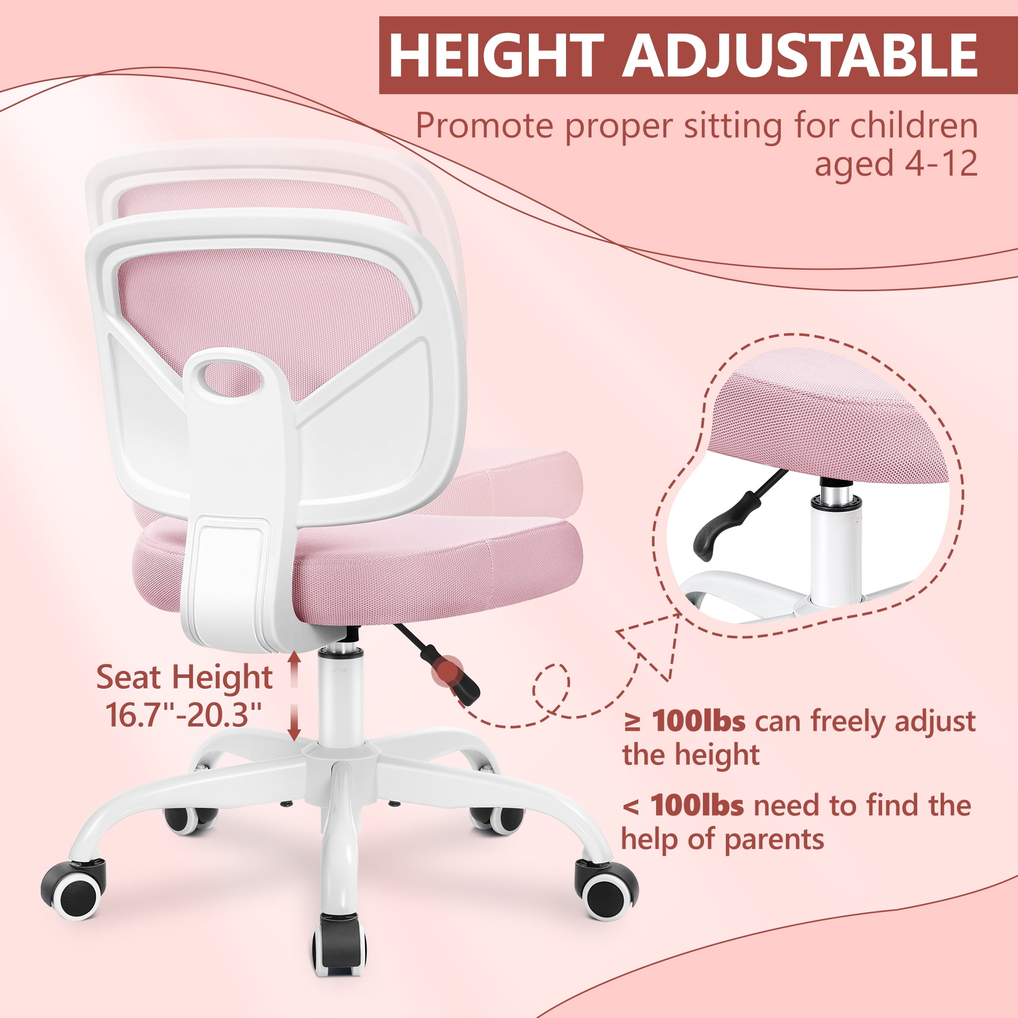 Coolhut Kids Desk Chair, Pink Study Chair for Boys Girls with Height  Adjustable, Swivel Mesh Task Student Chairs for 4-12, Growing Teen Office  Chair 