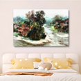 thumbnail image 4 of Un paisaje rural sereno con un río sinuoso, barcos en el agua, árboles, casas y un puente distante. Póster en lienzo. Decoración para dormitorio. Paisaje deportivo. Decoración para oficina. Regalo., 4 of 8