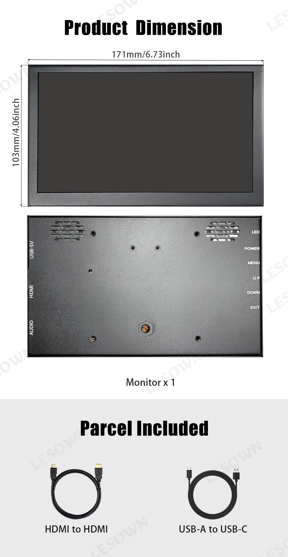 LESOWN Small Wide Monitor 7 inch Touch Screen 1024x600 IPS HDMI USB Portable Display with Speakers for Raspberry Pi Computer