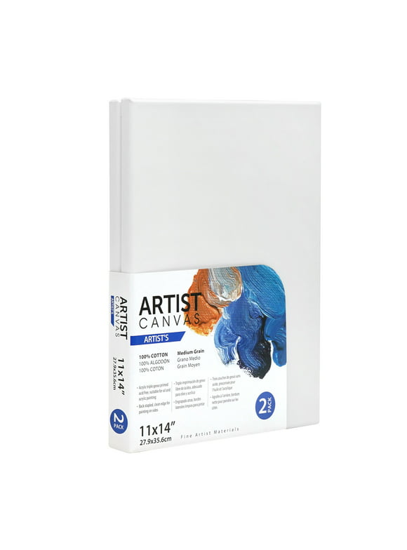 Artist Stretched Canvas, 100% Cotton Acid Free White Canvas, 11"X14", 2 Pieces, Vendor Labelling, Ideal for art students, educators, artists and professionals.