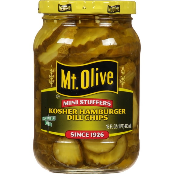 Mt. Olive Mini Stuffers Kosher Hamburger Dill Pickle Chips - 16 fl oz jar