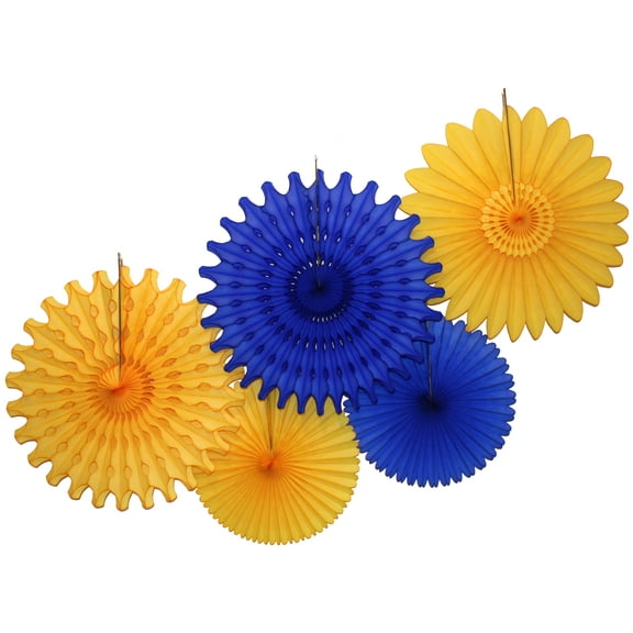 Devra Party Dark Blue and Gold Large Tissue Paper Fan Decorations, 13 and 18 Inches (5 Piece)