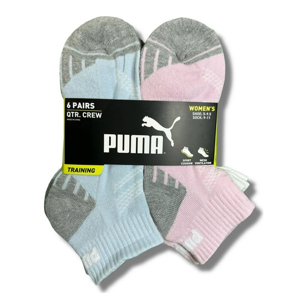 PUMA SOCKS WOMEN'S - QUARTER 253 - ASHY BLUE PINK - SHOE SZ 5-9.5 - PACK 6