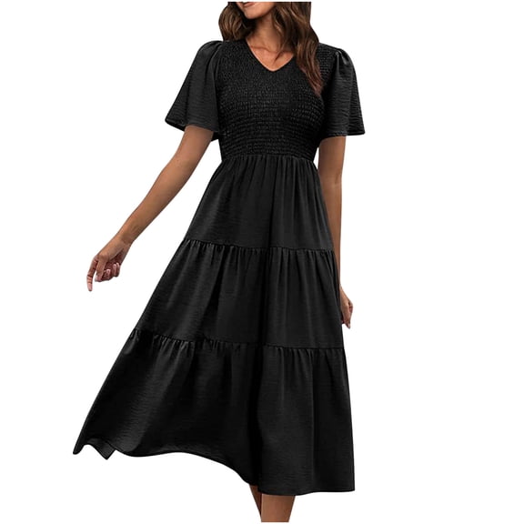 Dyegold Sundresses for Women Casual Beach - Hawaiian Dresses for Women V-Neck Short Sleeve Boho Smocked Ruffle Tiered Maxi Sundresses Elastic Waist Party Dress