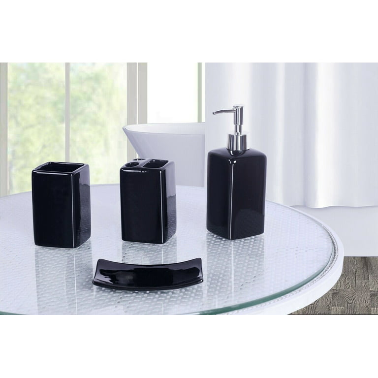 Luxury Bathroom Accessories Set Package Includes : 2 Rugs Mat Non Slip, 1 Shower Curtain with 12 Hooks and 4 Piece Ceramic Accesories Print Design