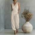 thumbnail image 4 of Women's Summer 2 Piece Outfits Sleeveless V Neck Belted Crop Tops Wide Leg Pant Sets Casual Tracksuit Beige, 4 of 7