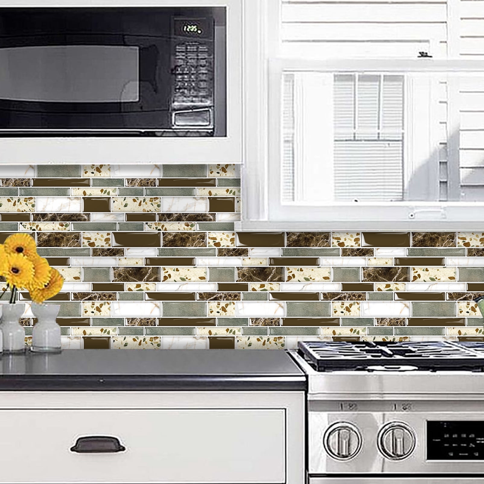 DEWOO Peel and Stick on Self Adhesive Backsplash Wall Marble Tiles Stickers 3D for Kitchen Bathroom,Brown (10-Sheet, 12"×12")