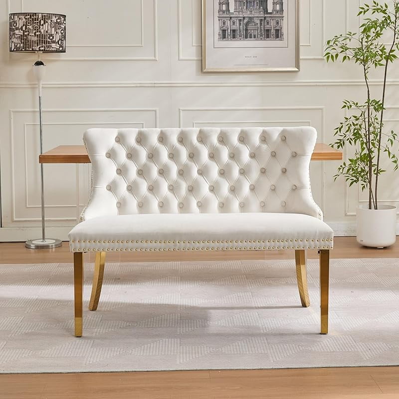 Modern Velvet Double Dining Loveseat Bench, 2 - Seat Tufted Wingback Bench with Handmade Buttons, Gold - Plated Steel Legs, Upholstered Armless Dining & Living Room Seating