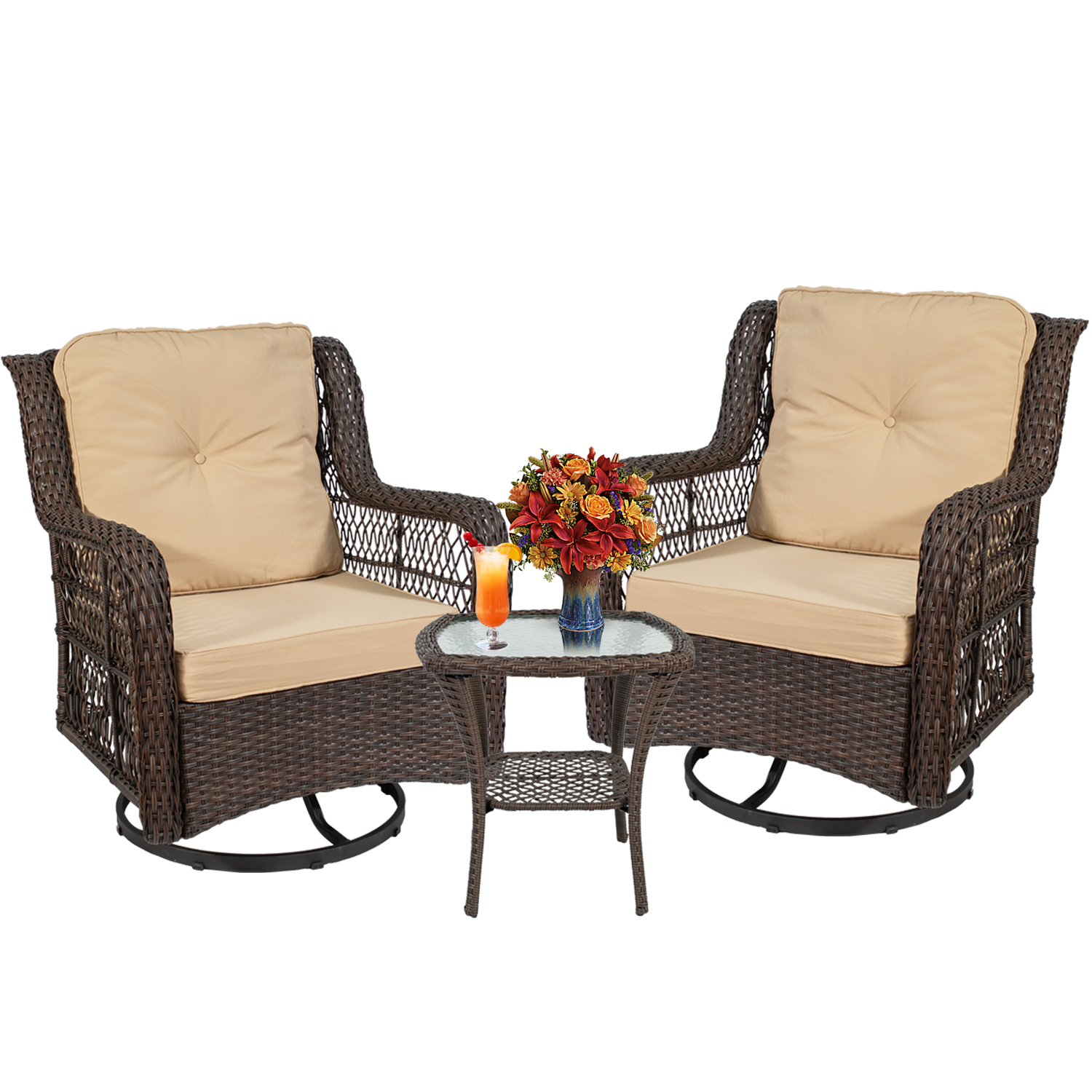 Outdoor Swivel Patio Lounge Chairs 3-Piece Patio Conversation Bistro Set w/Wicker Patio Chairs and Side Table for Small Space Deck Porch 350 LBS Beige - image 3 of 13