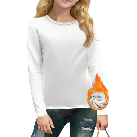 TQWQT Girls Long Sleeve Shirts Size 11-12 White Basic Tween Girls Clothes Kids Crew Neck Fleece Lined T-shirts Warm Winter Outfits