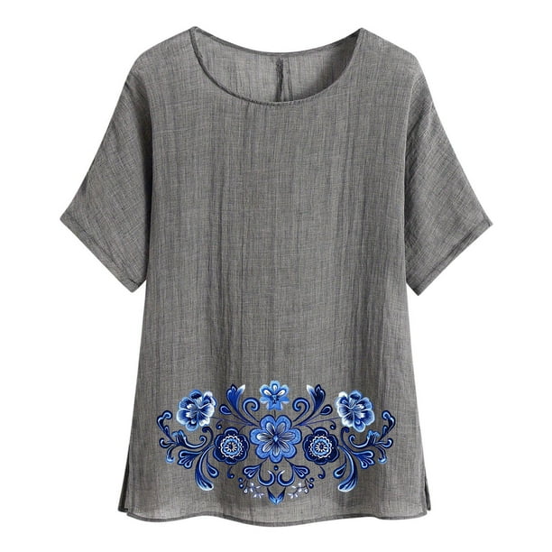 Camiseta de Mujer Camiseta de Manga Corta Impresión Casual Raglan Suelto de Lino Top Blusas, Cuello de la Tripulación