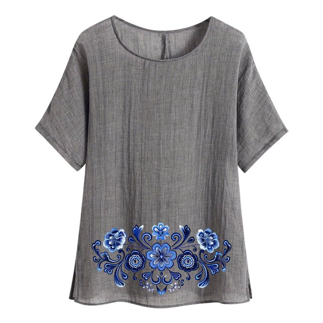Camiseta de Mujer Camiseta de Manga Corta Impresión Casual Raglan Suelto de Lino Top Blusas, Cuello de la Tripulación