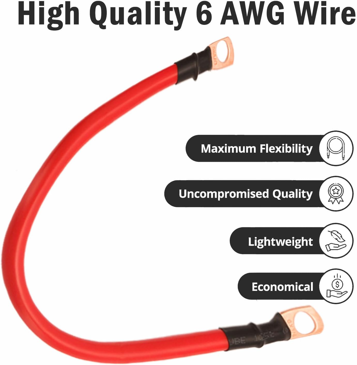Battery Cable Set with Copper Wires, 12 inches, 6 AWG, 3/8" Lugs, Black & Red, For Motorcycle, Automotive, Marine, Solar, ATV, RV Batteries