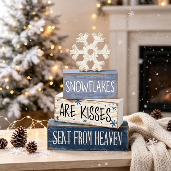 4 Pcs Winter Table Decorations Blue and White Wooden Snowflake Tiered Tray Decor Rustic Snow Block Signs Gift Farmhouse Christmas Centerpiece for Winter Wonderland Party Home Kitchen