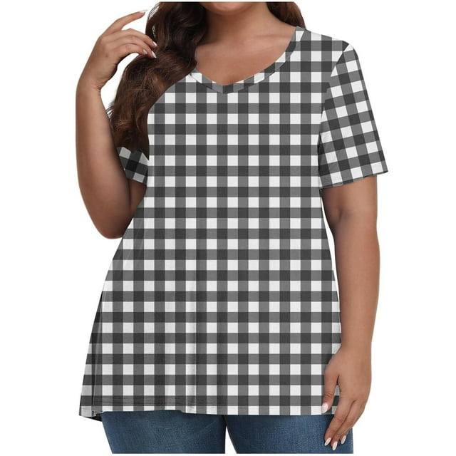 fheaev Hauts Grande Taille pour Femmes Haut d'Été Plissé Col Rond Manches Courtes Tunique Décontractée Basique Tee Blouses T-Shirts