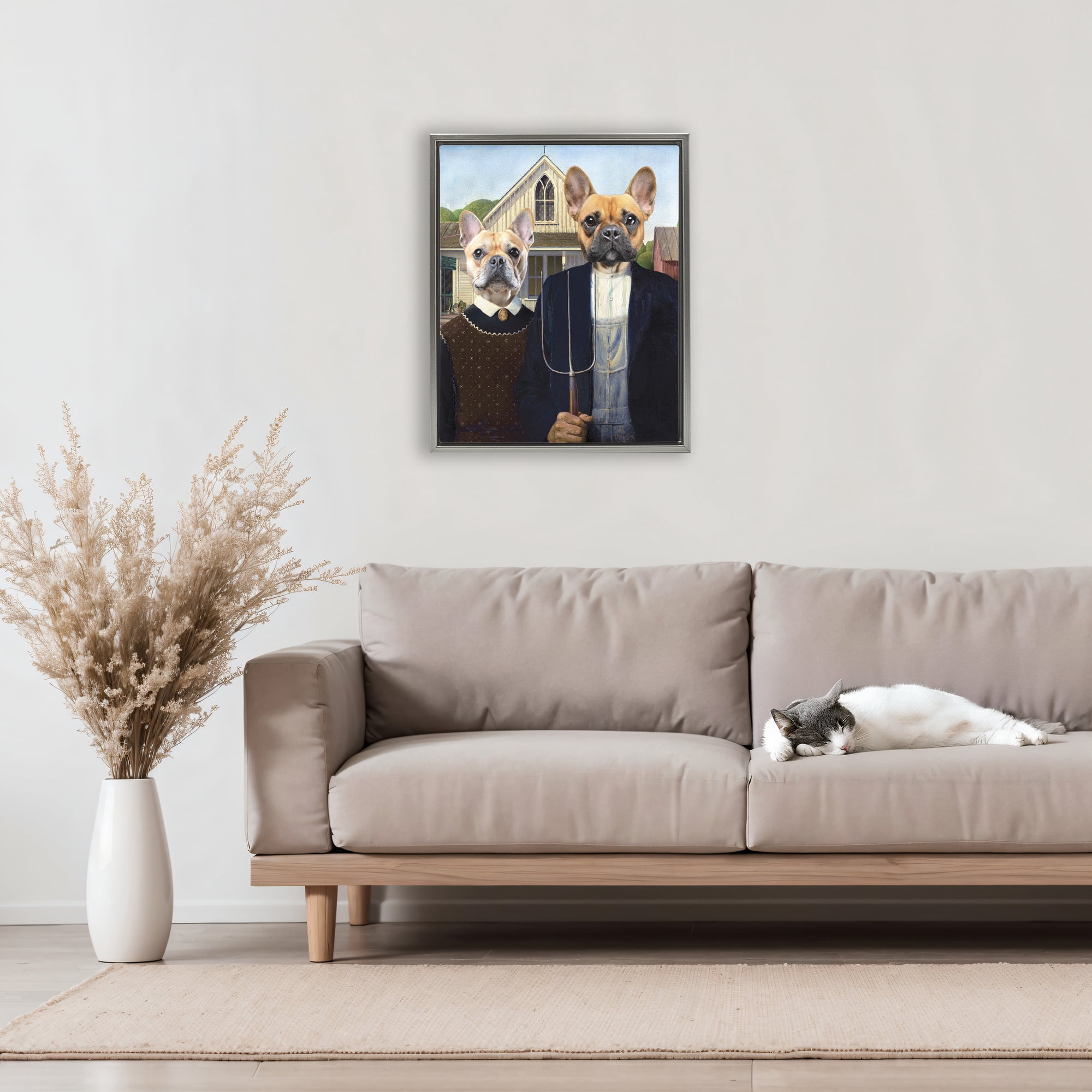 Stupell Industries French Bulldogs Iconic Farmers Gray Framed Floater Canvas Wall Art, design by Grotto Studios