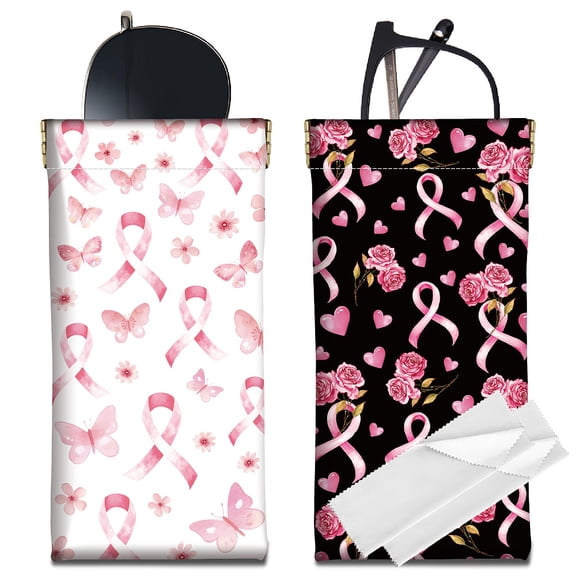 2Pcs Pink Ribbon Glasses Case Leather Slim Soft Sunglasses Case Bags Portable Squeeze Top Eyeglasses Holder Pouch Travel Waterproof with Cleaning Cloth Gift