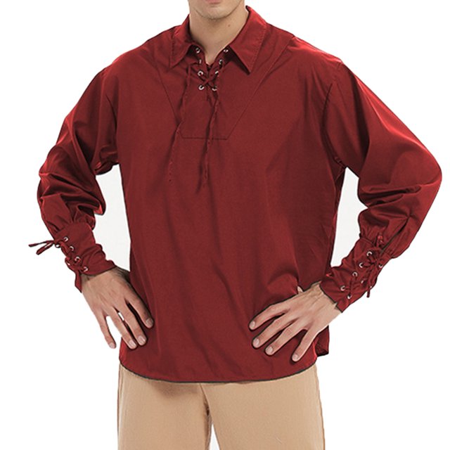 TIMIFIS Men's Gothic Renaissance Ruffle Front Pirate Shirt, Vintage Medieval Bandage Long Sleeve Cosplay Clothing-RedFall