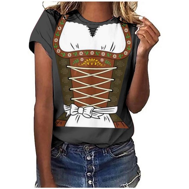 Pompotops Blouse Décontractée Mode Femme Imprimé Oktoberfest Col Rond T-Shirt Blouse Imprimée Tee Liquidation