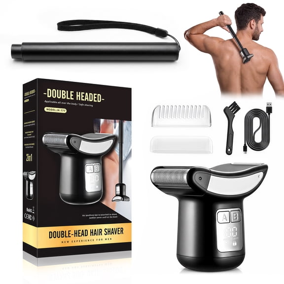 Body Hair Trimmer for Men, Back Shaver with Long Handle, Dual Head Electric Body Groomer with LED Display, USB-C Charging, Wet/Dry Use