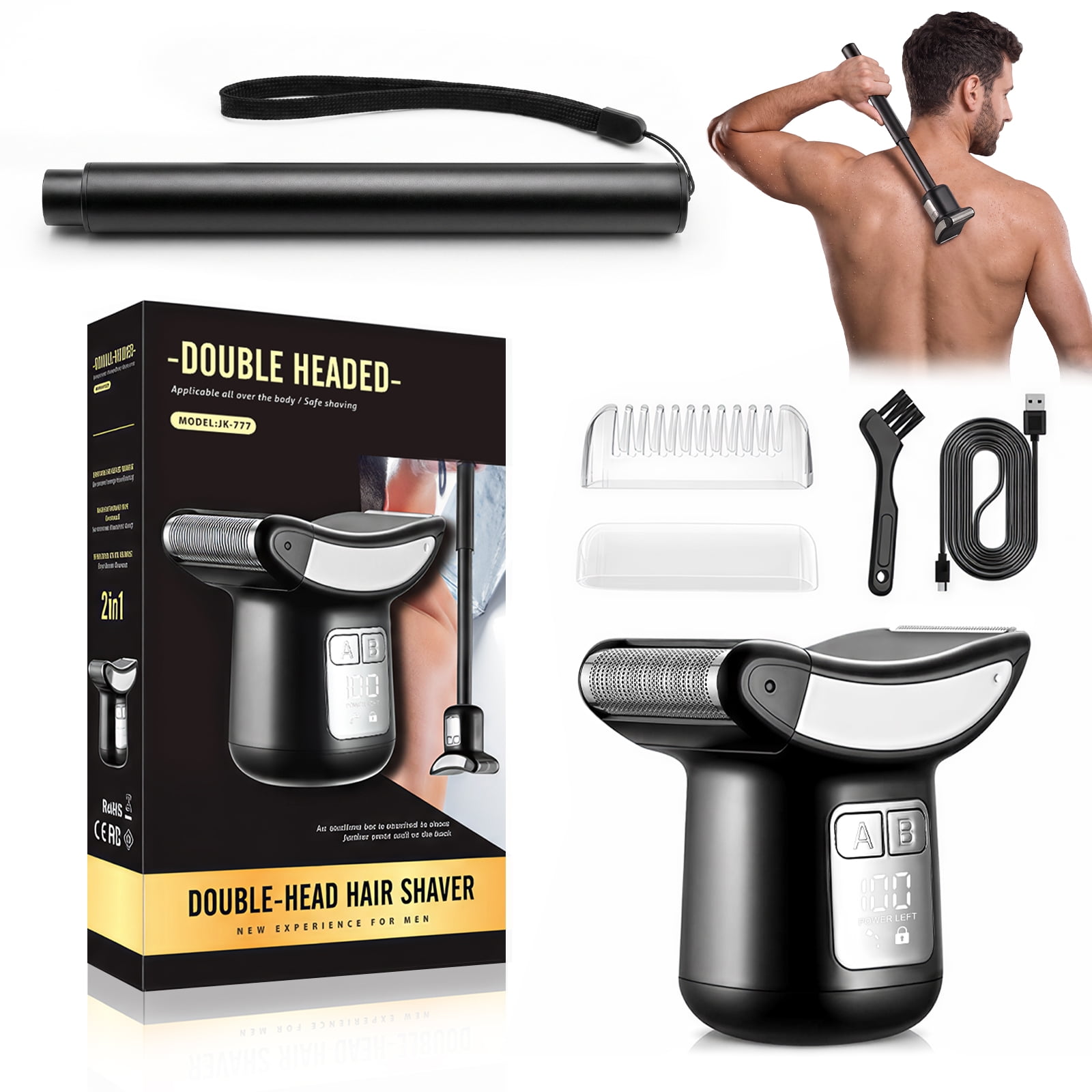Body Hair Trimmer for Men, Back Shaver with Long Handle, Dual Head Electric Body Groomer with LED Display, USB-C Charging, Wet/Dry Use